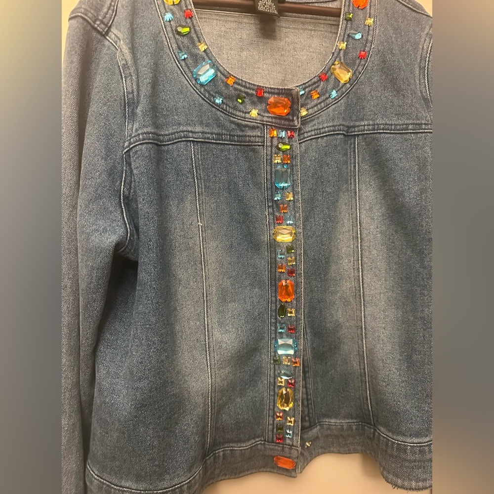EUC Metrostyle Stretch Denim Jacket with Multicolor Gem Embellishments Size 12 - Picture 2 of 6
